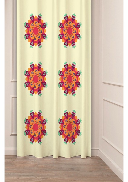 Çiçekler Yaprak Çizgili Bohem Desenli Özel Tasarım Dijital Baskılı (Tek Kanat) Modern Şık Fon Perde