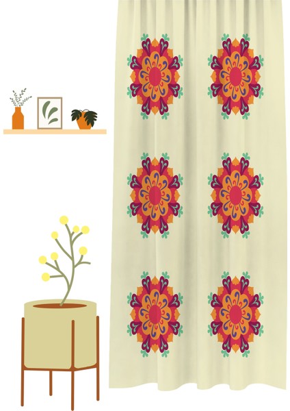 Çiçekler Yaprak Çizgili Bohem Desenli Özel Tasarım Dijital Baskılı (Tek Kanat) Modern Şık Fon Perde modelleri