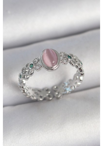 Pirinç Gümüş Renk Zirkon Taş Detaylı Pembe Mineli Damla Model Ayarlanabilir Kadın Yüzük