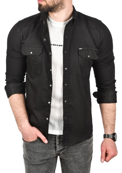 Slim Fit Kolay Ütülenebilir Pamuklu Spor Gömlek Likralı Kot Gömlek 2502505