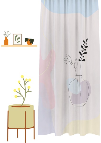 Bohem Vazo Çiçek Yaprak Desenli Özel Tasarım Dijital Baskılı (Tek Kanat) Soft Modern Şık Fon Perde