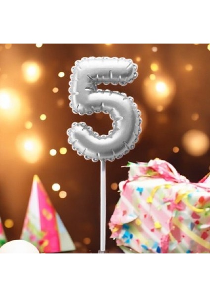 Gümüş Doğum Günü Balon Şeklinde Mum Pasta Mumu 5 Numara