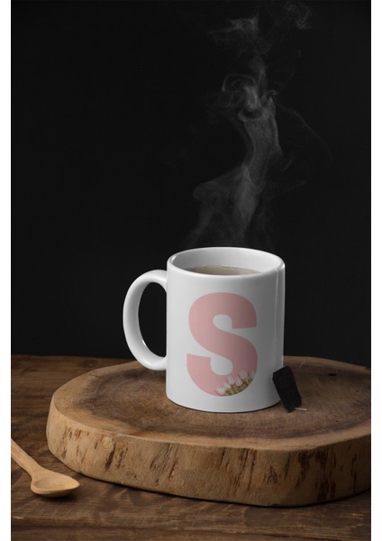 Kişiye Özel S Harfli Pembe Çiçekli Kupa Bardak - Baş Harfe Özel Porselen Mug 300 Ml fiyatları