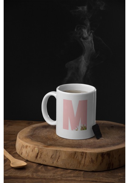 Kişiye Özel M Harfli Pembe Çiçekli Kupa Bardak - Baş Harfe Özel Porselen Mug 300 Ml modelleri