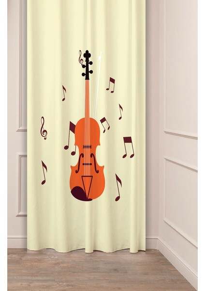 Gitar Müzik Şarkı Beste Bohem Desenli Özel Tasarım Dijital Baskılı (Tek Kanat) Modern Şık Fon Perde