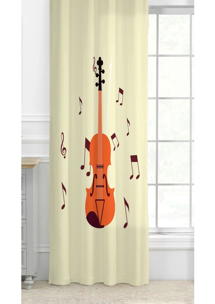 Gitar Müzik Şarkı Beste Bohem Desenli Özel Tasarım Dijital Baskılı (Tek Kanat) Modern Şık Fon Perde