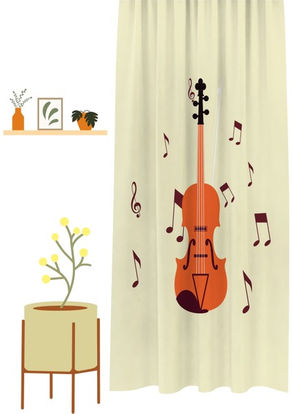 Gitar Müzik Şarkı Beste Bohem Desenli Özel Tasarım Dijital Baskılı (Tek Kanat) Modern Şık Fon Perde
