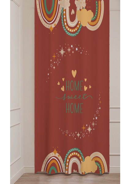 Bohem Çiçek Yaprak Gökkuşağı Sweet Home Desenli Özel Tasarım Dijital Baskılı (Tek Kanat) Fon Perde
