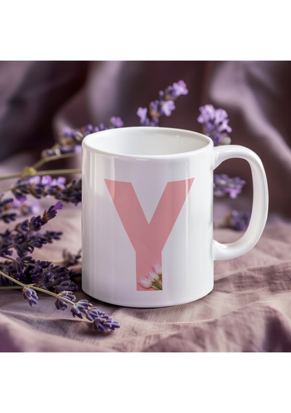 Kişiye Özel Y Harfli Pembe Çiçekli Kupa Bardak - Baş Harfe Özel Porselen Mug 300 Ml