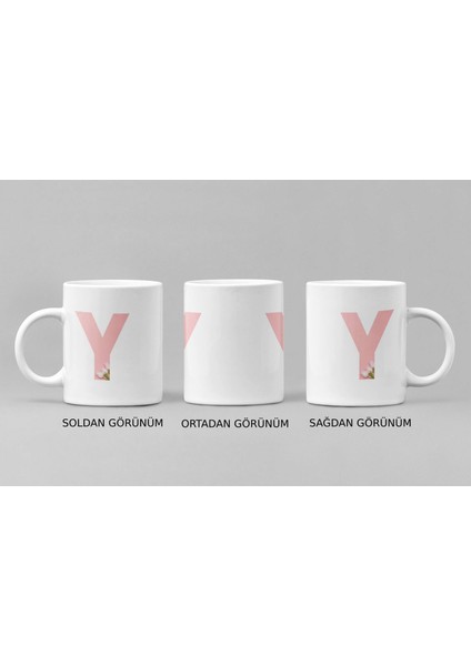 Kişiye Özel Y Harfli Pembe Çiçekli Kupa Bardak - Baş Harfe Özel Porselen Mug 300 Ml modelleri