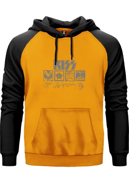 Kiss Logolar ve Imza Sarı Renk Reglan Kol Kapşonlu Sweatshirt