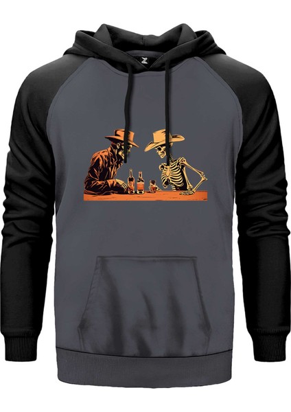 Skelton Cowboy Bar Gri Renk Reglan Kol Kapşonlu Sweatshirt