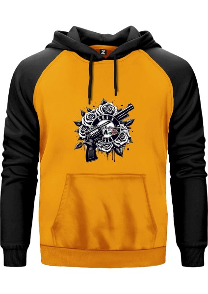 Guns N Roses Siyah Beyaz Logo Sarı Renk Reglan Kol Kapşonlu Sweatshirt