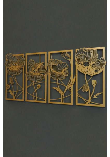 Çiçekler Metal Duvar Tablosu 4'lü Set - Altın - Modern Dekoratif Duvar Tablosu - Tablo - APT573