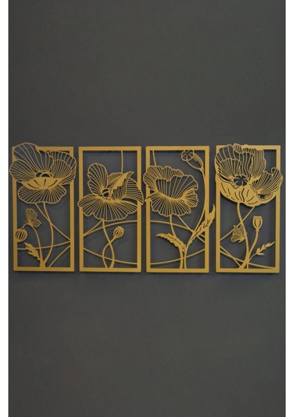 Çiçekler Metal Duvar Tablosu 4'lü Set - Altın - Modern Dekoratif Duvar Tablosu - Tablo - APT573