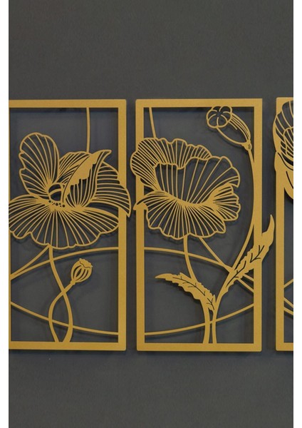 Çiçekler Metal Duvar Tablosu 4'lü Set - Altın - Modern Dekoratif Duvar Tablosu - Tablo - APT573