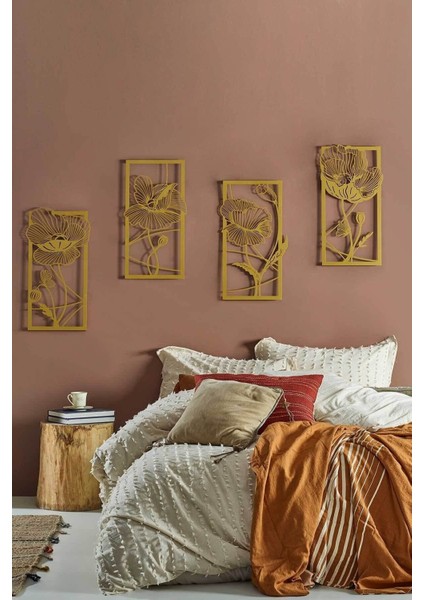 Çiçekler Metal Duvar Tablosu 4'lü Set - Altın - Modern Dekoratif Duvar Tablosu - Tablo - APT573