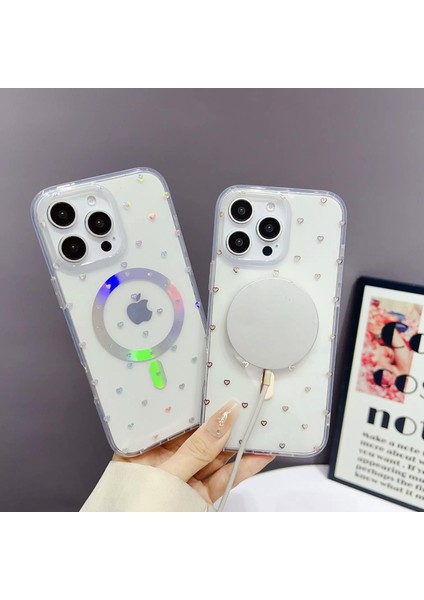 iPhone 16 Pro Kılıf Kalp Magsafe Kılıf Fiyonklu Kurdele Tasarım Silikon Kılıf Gümüş