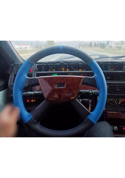 Dikişli Direksiyon Kılıfı Siyah Deri Mavi Deri Mavi Yüzük Mavi Dikişli Fıat Tempra Için