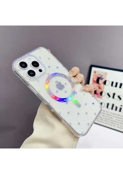 iPhone 14 Pro Kılıf Kalp Magsafe Kılıf Fiyonklu Kurdele Kurdele Tasarım Silikon Kılıf Gümüş