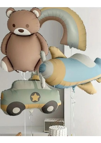 Retro Sevimli Ayıcık Teddy Bear Gökkuşağı Uçak ve Polis Arabası Folyo Balon Seti