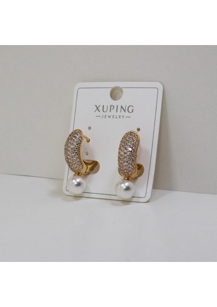Zirkon Taşlı Incili Xuping Altın Kaplama Küpe