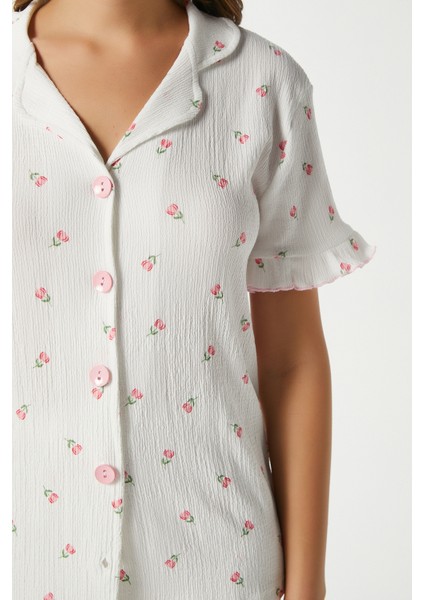 Kadın Enda Fırfırlı Çiçek Desen Alt Üst Pijama Takımı