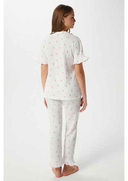 Kadın Enda Fırfırlı Çiçek Desen Alt Üst Pijama Takımı