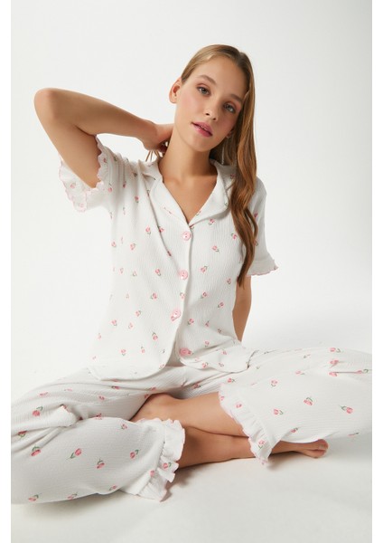 Kadın Enda Fırfırlı Çiçek Desen Alt Üst Pijama Takımı