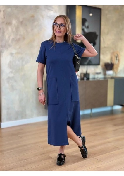 Kadın Kısa Kollu Bisiklet Yakalı Cepli Önden Yırtmaçlı Viskon Iki Iplik Midi Elbise fırsatları