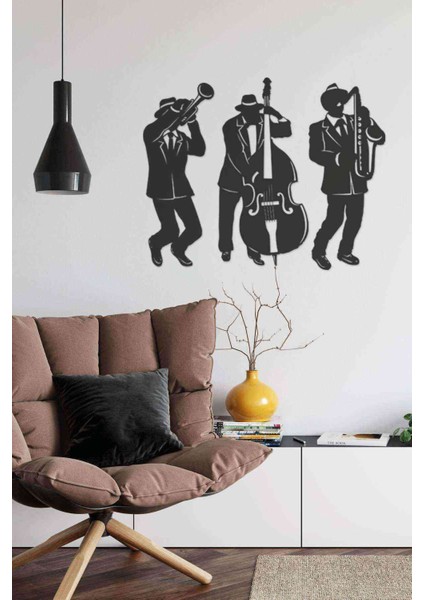 Jazz Yapan Müzikal Dekoratif Duvar Dekoru Siyah Ahşap Lazer Tablo