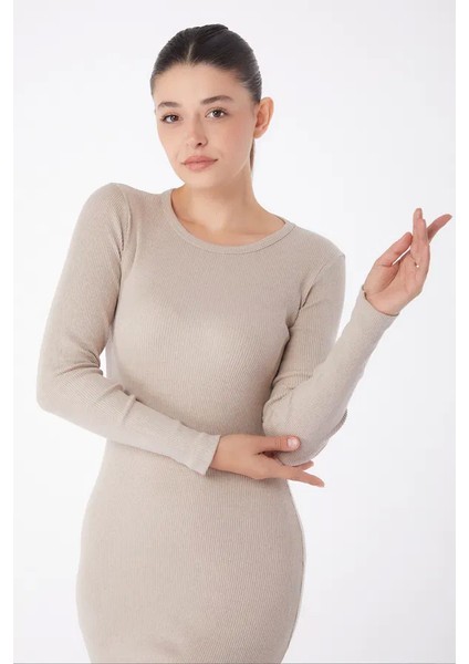Düz Bisiklet Yaka Uzun Kollu Mevsimlik Kadın Slim Fit Bej Midi Elbise fırsatları