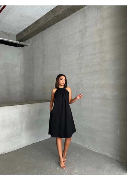 Salaş Siyah Halter Yaka Rahat %100 Doğal Keten Halter Yaka Feminen Elbise fiyatları