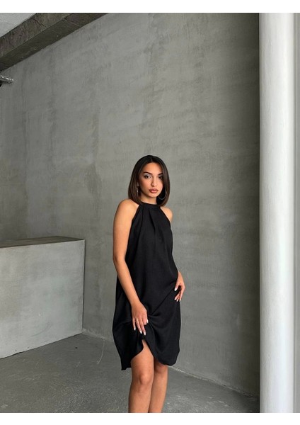 Salaş Siyah Halter Yaka Rahat %100 Doğal Keten Halter Yaka Feminen Elbise modelleri