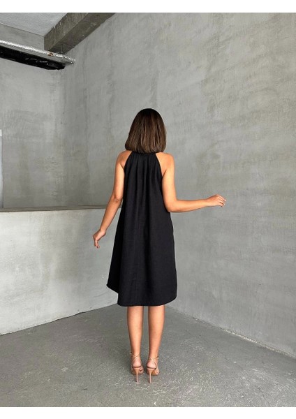 Salaş Siyah Halter Yaka Rahat %100 Doğal Keten Halter Yaka Feminen Elbise fırsatları