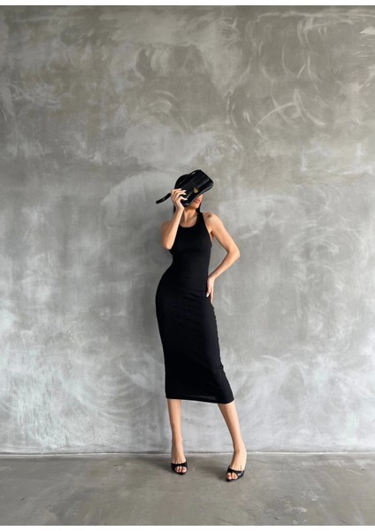Halter Yaka Sıfır Kol Bisiklet Yaka Siyah Slim Fit Midi Boy Basic Elbise fiyatları