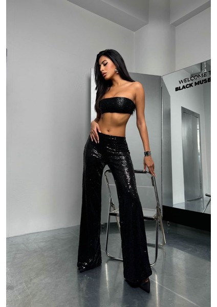 Payetli Wide Leg Pantolon