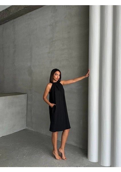 Salaş Siyah Halter Yaka Rahat %100 Doğal Keten Halter Yaka Feminen Elbise indirimleri