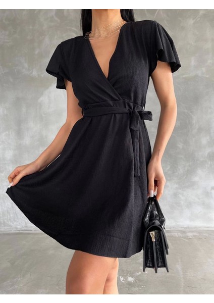 Bürümcük Kumaş Siyah V Yaka Volanlı Kısa Kollu Mini Boy Kısa Elbise