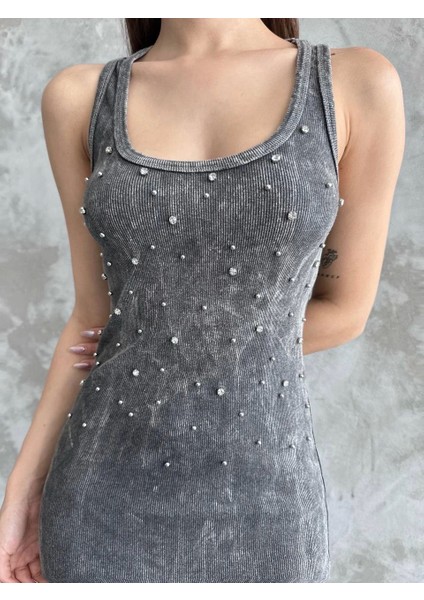 Taşlı Askılı Gri Yıkamalı Bisiklet Yaka Askılı Slim Fit Üste Oturan V Yaka Trend Elbise fiyatları