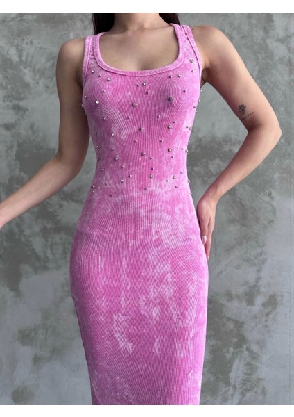 Taşlı Askılı Pembe Yıkamalı Bisiklet Yaka Askılı Slim Fit Üste Oturan V Yaka Trend Elbise modelleri