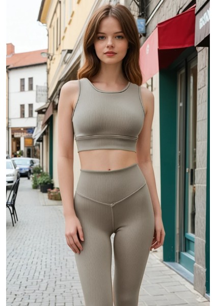 Alt Uzun Üst Kalın Askılı Crop Yüksel Bel Fitilli Tayt TAKIM-42116