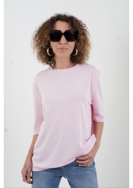 Pembe Bisiklet Yaka Arka Damla Kısa Kol Kazak