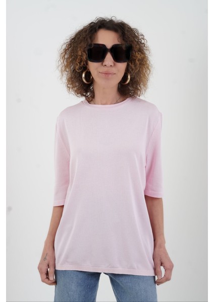 Pembe Bisiklet Yaka Arka Damla Kısa Kol Kazak modelleri