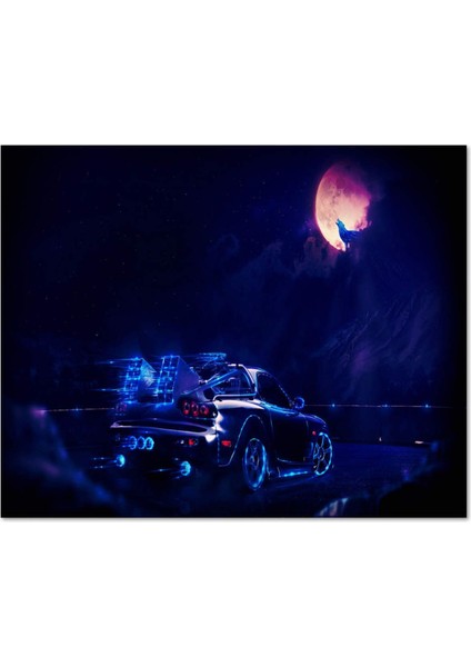 Ahşap Tablo Dolunay Kurt ve Spor Araba Neon Işıklı (25X35 cm Boyut)