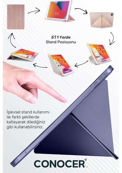 Apple iPad 11 A16 2025 10. Nesil 10.9 Tablet Kılıfı Kalem Bölmeli, Uyku Modlu, Katlanır, Tri Folding Stand