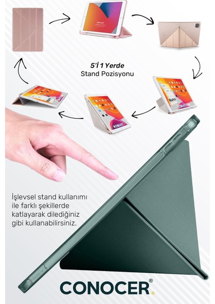 Apple iPad 11 A16 2025 10. Nesil 10.9 Tablet Kılıfı Kalem Bölmeli, Uyku Modlu, Katlanır, Tri Folding Stand