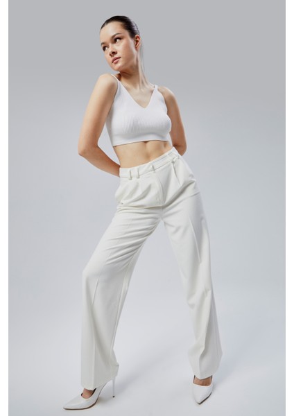Kadın Ekru Regular Kalıp Dokuma Palazzo Pantolon