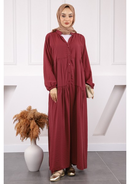 Bordo Yarım Düğmeli Eteği Katlı Modal Elbise