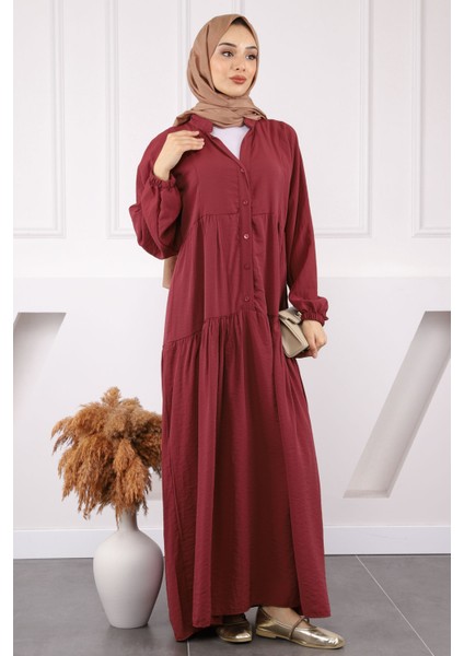Bordo Yarım Düğmeli Eteği Katlı Modal Elbise fiyatları